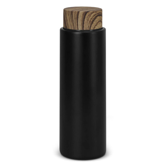 A drink bottle in sleek black with a wooden patterned lid. It features a simple, modern design and a logo.