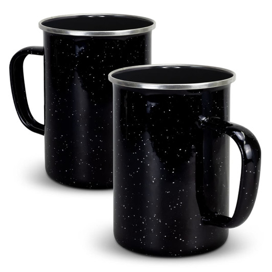 A drinkware set featuring two black enamel mugs with a speckled design and metal rims.