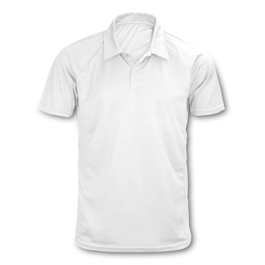 A white men's polo shirt featuring a classic collar and short sleeves, with a logo on the chest.