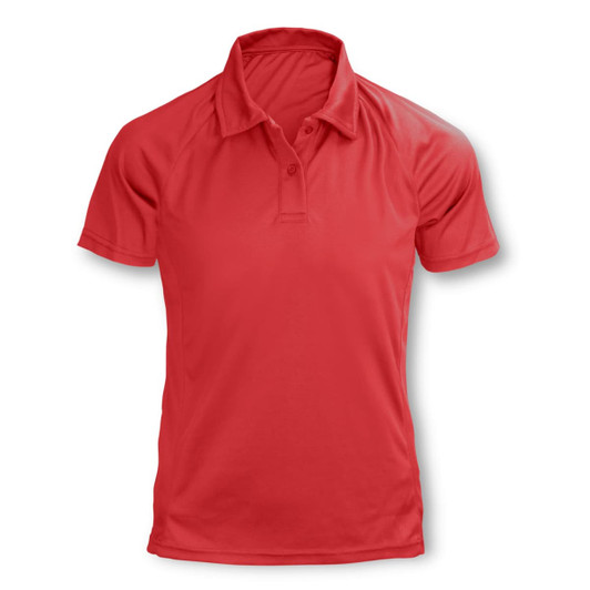 A red women's polo shirt with a collar, short sleeves, and a smooth fabric finish, featuring a logo.