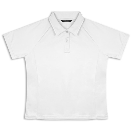 A white women's polo shirt with short sleeves and a collar, featuring a logo on the chest.