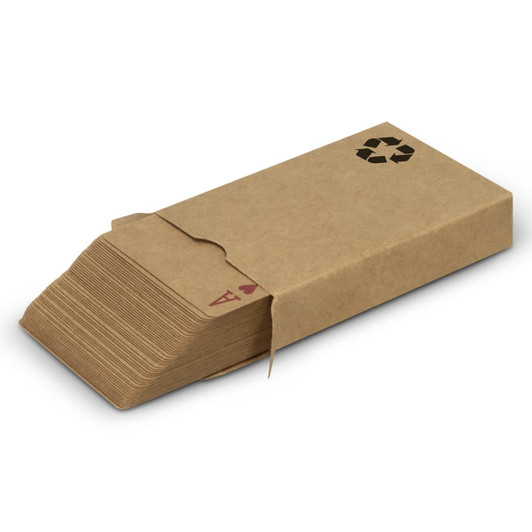 A set of playing cards in a brown kraft paper box, featuring a recycling symbol on the cover.