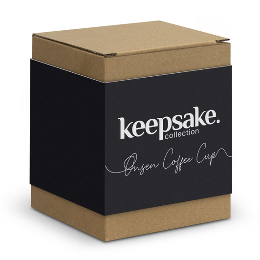 A brown kraft box containing a Keepsake Onsen Coffee Cup, featuring a dark coloured design and logo.