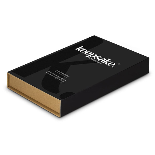 A black box with a gold interior, featuring a logo, designed to hold Keepsake Salad Servers.
