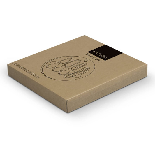 A square kraft packaging for the NATURA Glass & Bamboo Cheese Board, featuring simple line art and a logo.