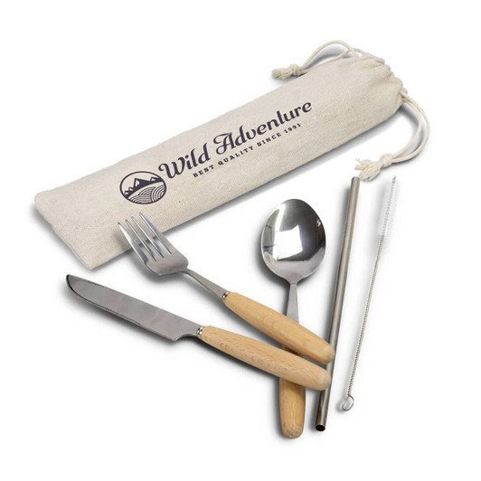 A stainless steel cutlery set with wooden handles, including a knife, fork, spoon, straw, and cleaning brush in a canvas pouch.