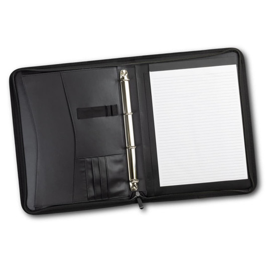 A black portfolio featuring a binder, multiple card slots, and a lined notepad on the right side.