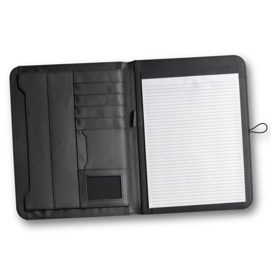 A black Melrose Portfolio featuring multiple card slots and a lined notepad on the right side.