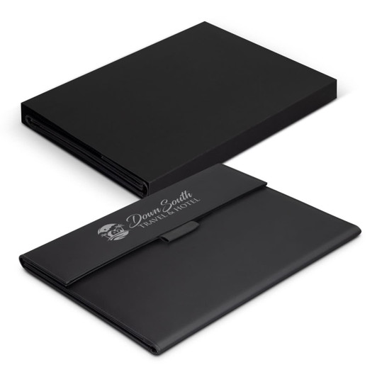 A black portfolio featuring a flap closure and an embossed logo, suitable for office and business use.