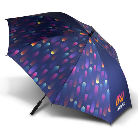 A full-colour umbrella featuring a vibrant design with shades of purple, blue, and orange. It includes a branded logo.