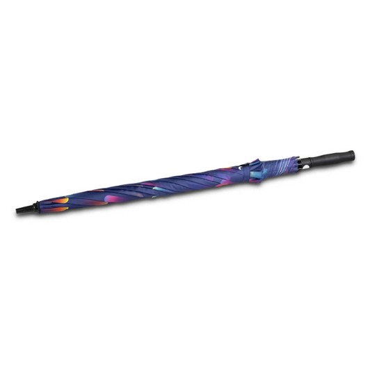 A full-colour umbrella with a vibrant purple and blue design, featuring a black handle and logo on the cover.