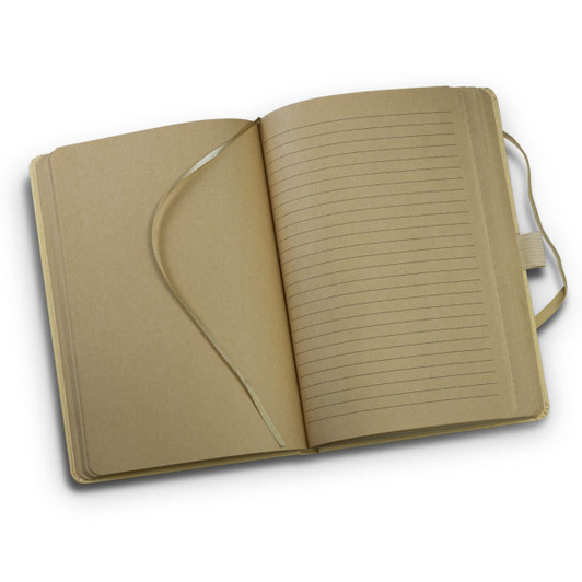 A kraft notebook with lined pages, featuring a ribbon bookmark and an elastic closure.