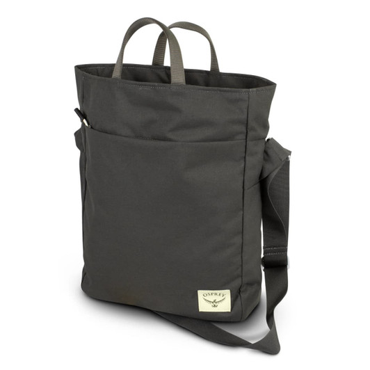 A dark green crossbody bag featuring a main compartment, carry handles, and a side pocket. The bag has a logo.