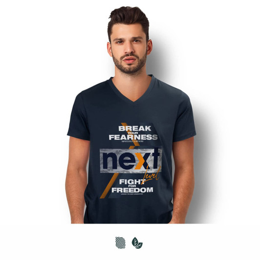 A man wearing a navy blue V-neck T-shirt featuring a graphic design and a logo.