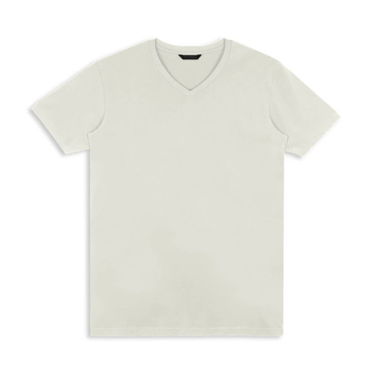 A plain white men's T-shirt with a V-neck design and short sleeves. It features a logo.