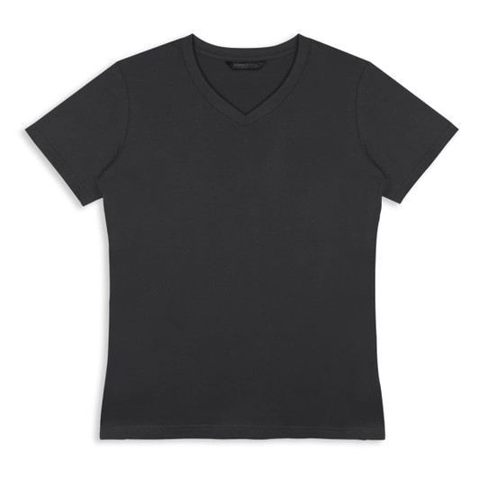 A black women's T-shirt with a V-neck and short sleeves, featuring a logo on the label.