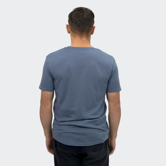 A men's T-shirt in a soft blue colour, featuring a simple design with a logo on the back.