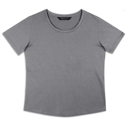 A grey women's T-shirt with a round neckline and short sleeves. The shirt features a logo.