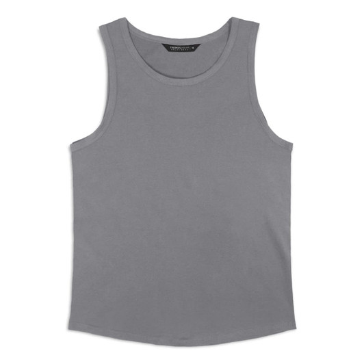 A grey men's tank top with a round neck and an inner label, featuring no visible designs or patterns.