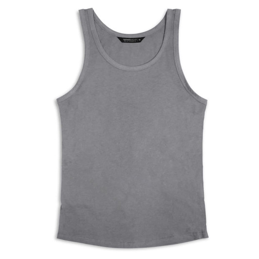 A grey women's tank top with a classic singlet design and a logo at the neckline.