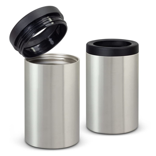 A drink bottle cooler in silver with a black lid, featuring a sleek, cylindrical design.