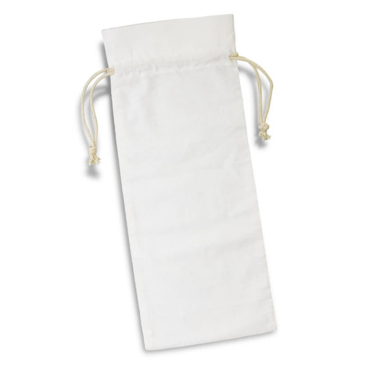 A cotton drawstring bag in white, featuring two drawstrings at the top and a plain surface. It has a logo.