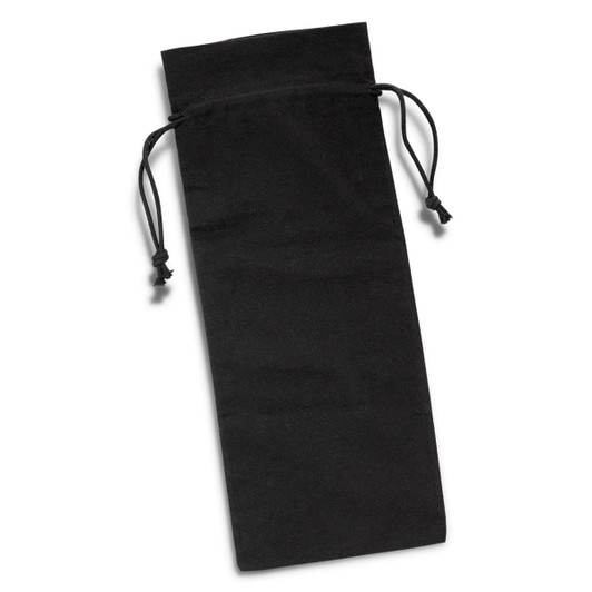 A black cotton drawstring bag with two ties at the top, featuring a simple design and no visible branding.
