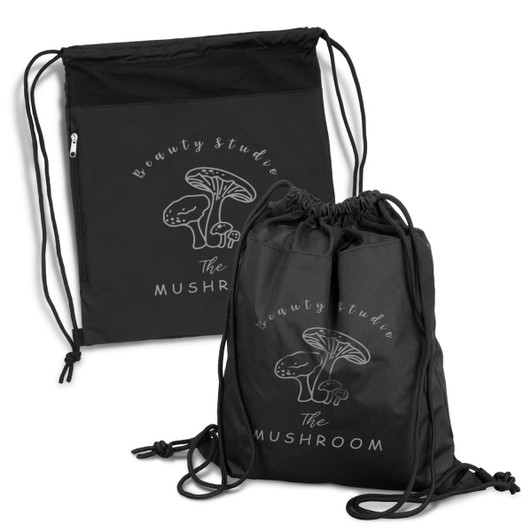 A black drawstring backpack featuring a mushroom design and a logo. It has a mesh pocket and adjustable straps.