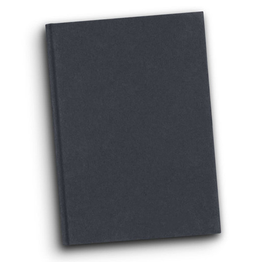 A hard cover notebook in dark grey with a smooth finish and a logo on the front.