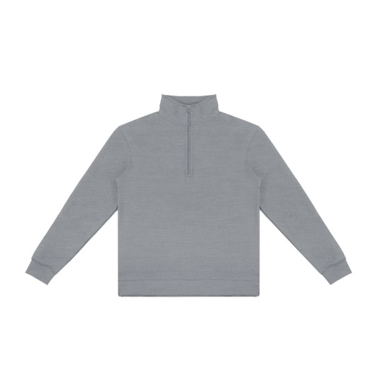 A grey unisex quarter zip jumper with long sleeves and a high collar. It features a central zip and ribbed cuffs.