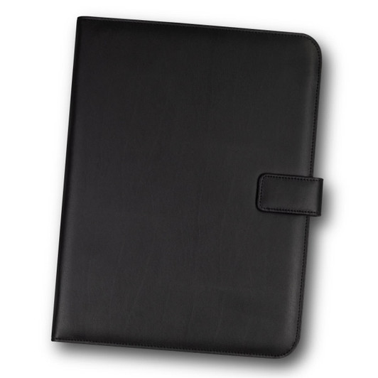 A black portfolio featuring a smooth finish and a secure closure, ideal for office and business use.