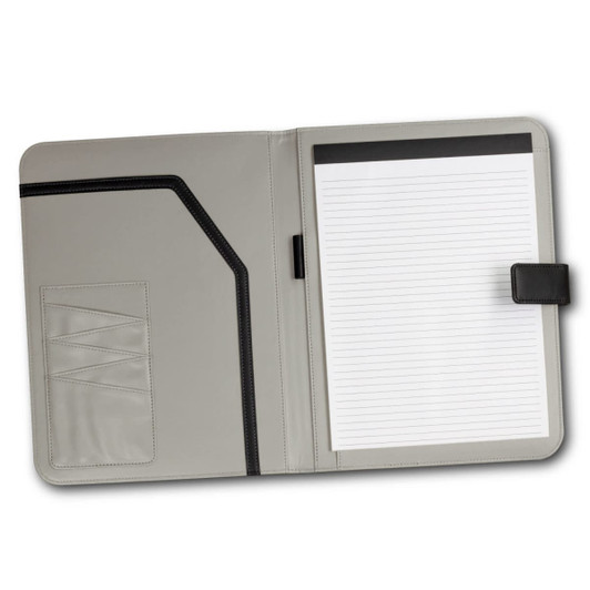 A grey Hartford Portfolio featuring a notepad and a pocket for documents, with a black accent and logo.