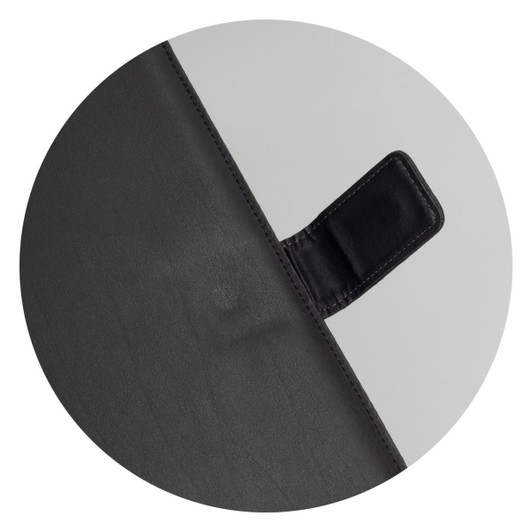 A black portfolio with a smooth textured surface and a small, attached flap. It features a logo.