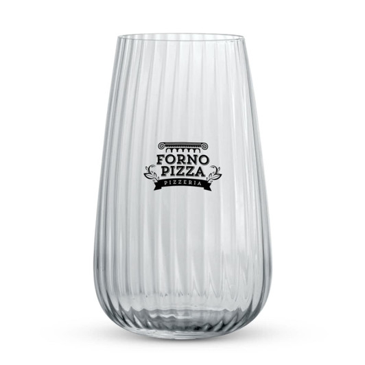 A transparent, ribbed glass tumbler with a logo design featuring black text.