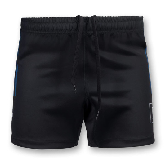 Custom men's rugby shorts in black with blue accents, featuring an elastic waistband and drawstring, and a logo.