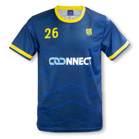 A blue men's soccer jersey with yellow accents and a logo on the front. Features the number 26.