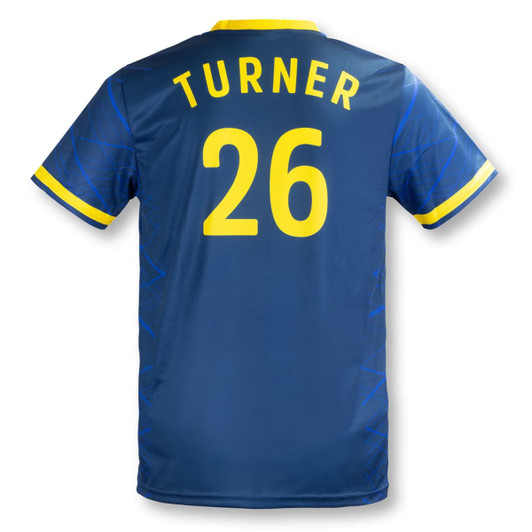 A blue men's soccer jersey featuring yellow accents, a name, and a number on the back.