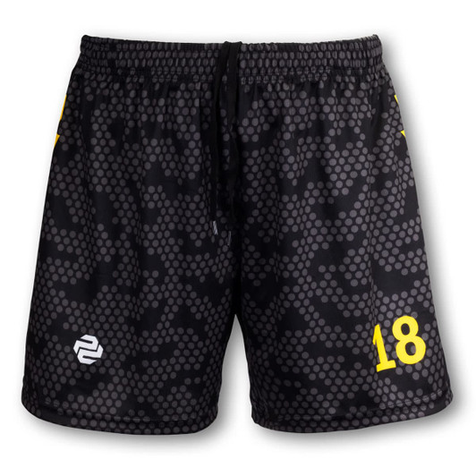 Sporty men's volleyball shorts featuring a black pattern with yellow accents and a logo on the front.