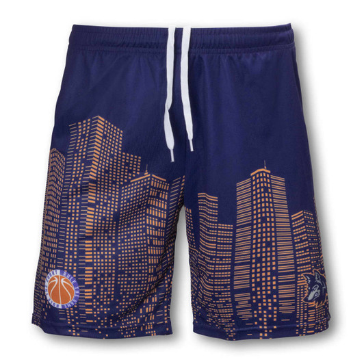 Custom women's basketball shorts in navy blue featuring a city skyline design and an emblem.