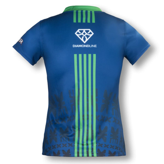A blue women's rugby t-shirt featuring green stripes and a logo on the back.