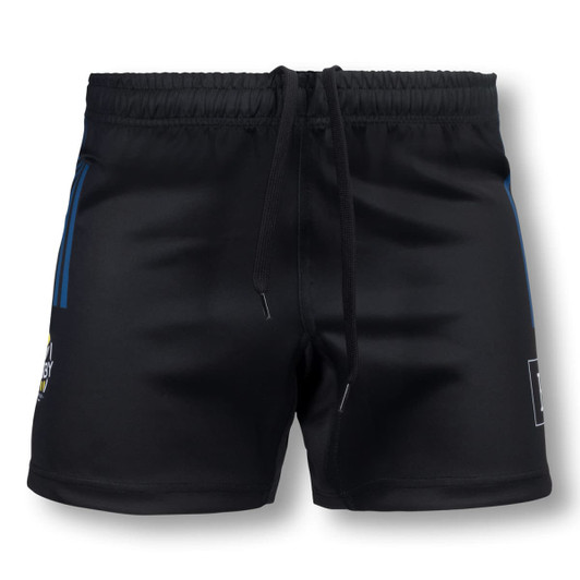 Black rugby shorts featuring a drawstring waist and a logo on the side. Suitable for women's sportswear.