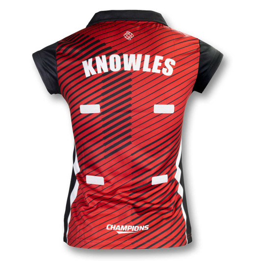 A women's netball top in red and black, featuring a logo and a name on the back.