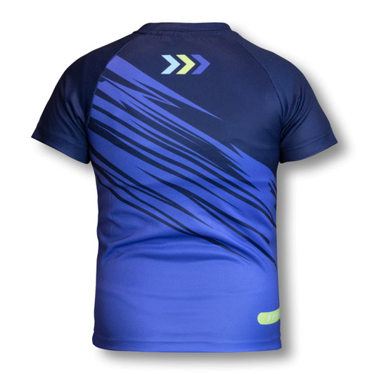 A blue kids' performance T-shirt featuring dynamic stripes and a logo, designed for sports uniforms.