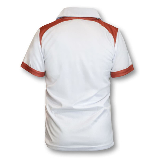 A white and orange custom kids sports polo shirt with a collar and short sleeves, featuring a logo.
