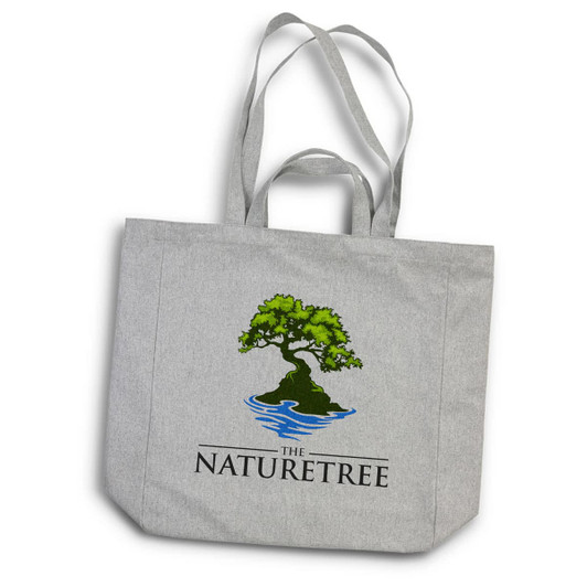 A grey tote bag with two handles featuring a tree and water design, along with a logo.