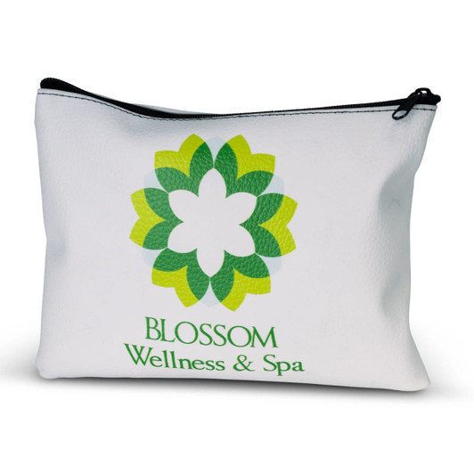 A small white cosmetic bag with a floral design in shades of green and a logo on the front.