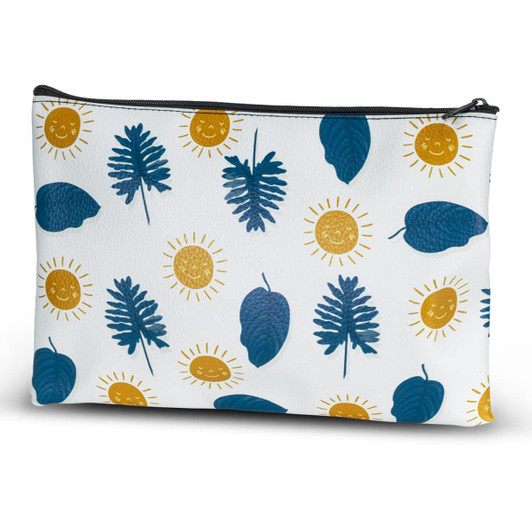 A medium cosmetic bag featuring a pattern of blue leaves and yellow suns on a white background, with a black zipper.