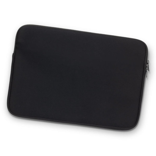 A black laptop sleeve with a zip closure and a smooth exterior, featuring a subtle logo.