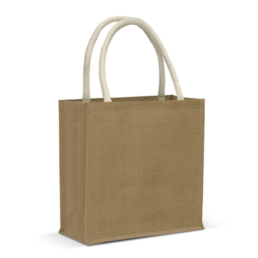 A jute tote bag in a natural brown colour with cream handles and a simple design, featuring a logo.
