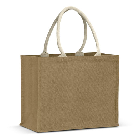 A jute tote bag in a natural brown colour with cream-coloured handles and a simple design.